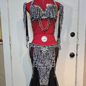 Bella couture professional bellydance costume OOAK snow leopard & fishnet design